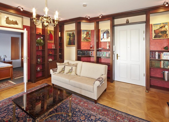 Wohnzimmer mit Büchergalerie und schönem Sofa